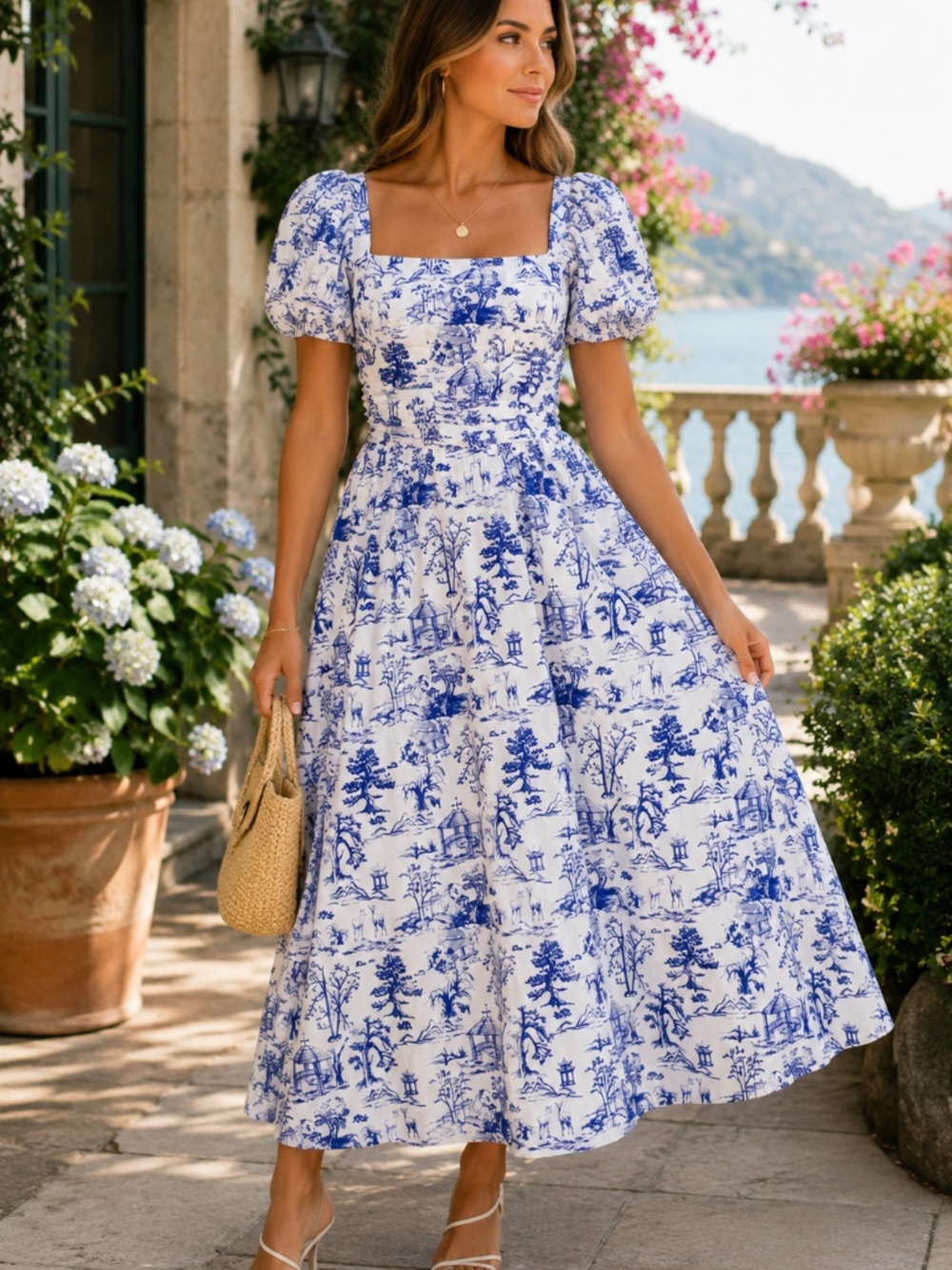 OPT Blue White Toile Cotton Puff Sleeve Midi Dress Size M